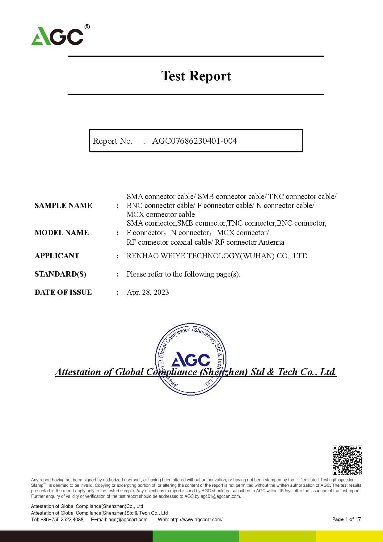 ROHS Test Report AGC07686230401-004-RF Cable