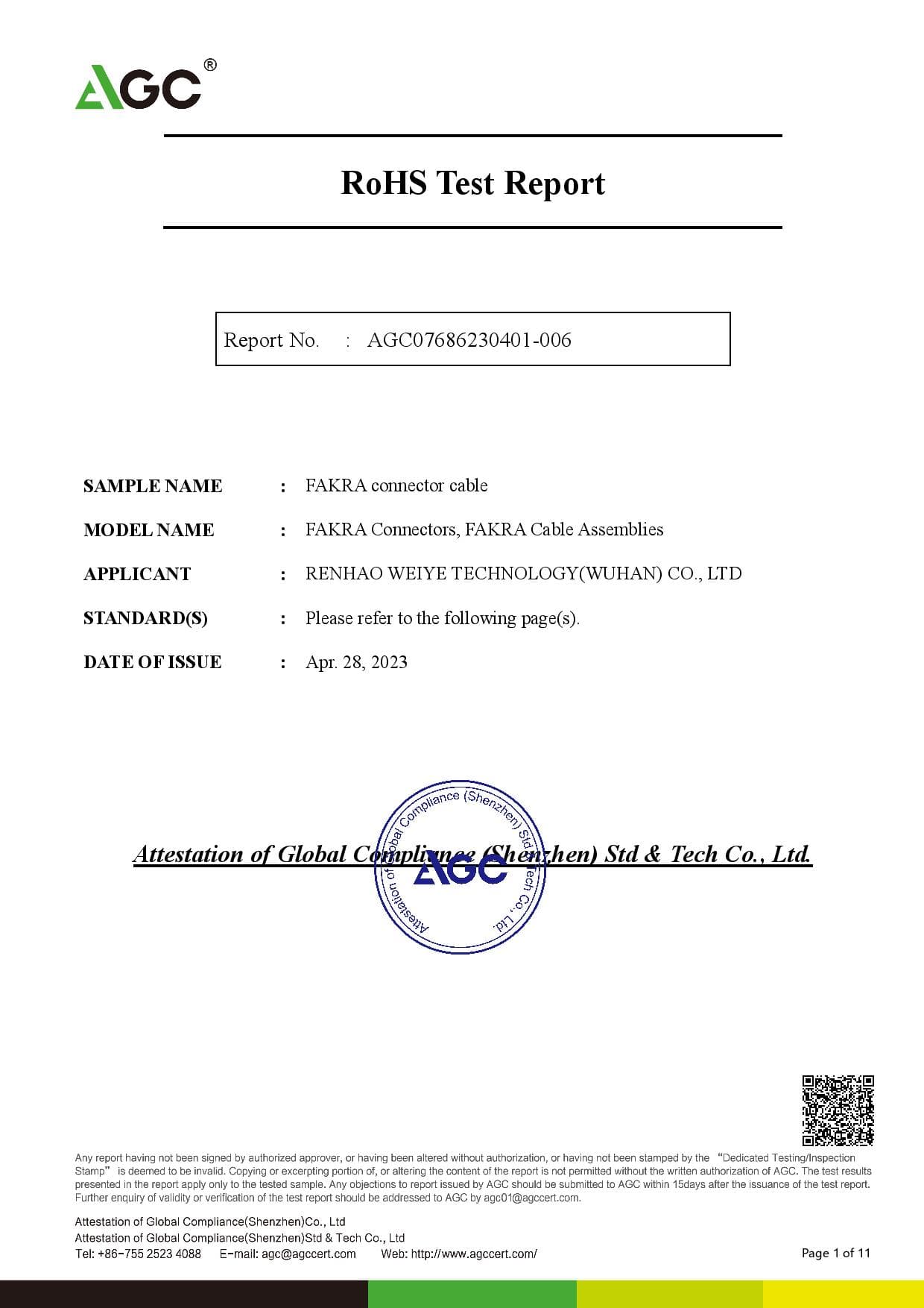 ROHS Test Report AGC07686230401-006 Fakra Connector Cable