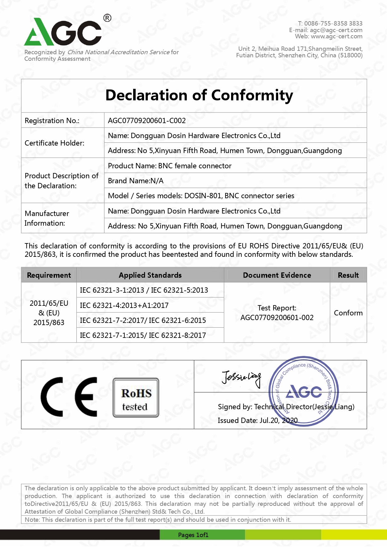 AGC07709200601-C002  BNC ROHS CE Declaration of Conformity